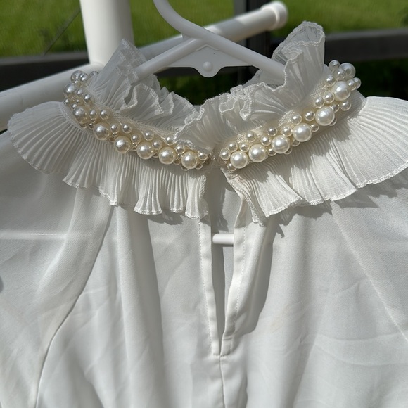 Zara Transparent crème long Sleeve blouse ruffle neck with pearl Statement - Picture 4 of 5
